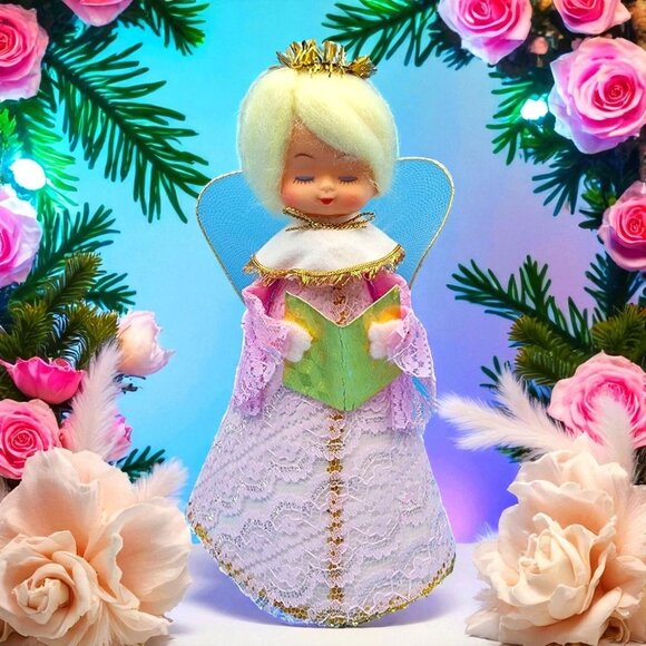Vintage Pink Lace Angel Tree Topper Gold Halo Tulle Wings Foil Hymn Book 1960s - Picture 1 of 10